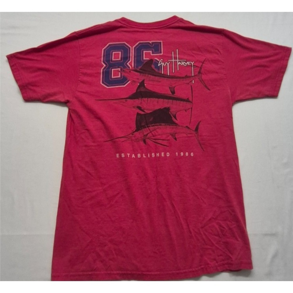 Guy Harvey Blue‎ water men's red fishing theme graphic t-Shirt two sided sz. M